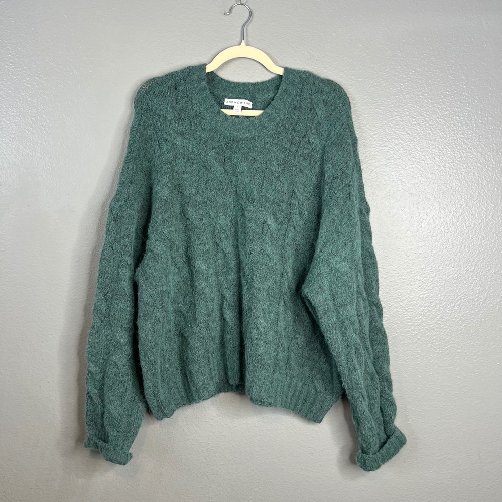 And Now This Thick Knit Sweater Sz XL Green Cable Knit Relaxed Boxy Gorpcore NEW